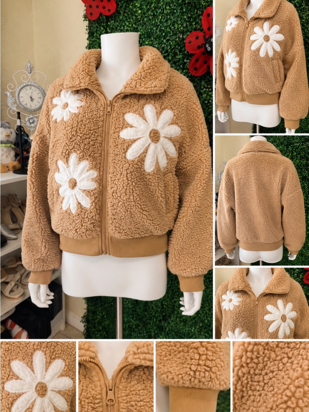 SO Camel Teddy Jacket with White Daisy Appliqués